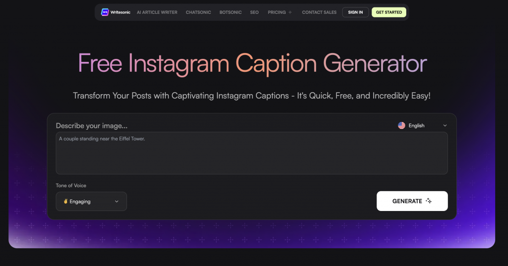 Writesonic caption generator screenshot